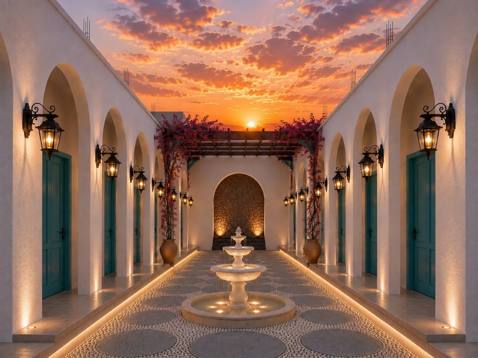 Courtyard Davilla Guesthouse bergaya Mediterranean saat matahari terbenam